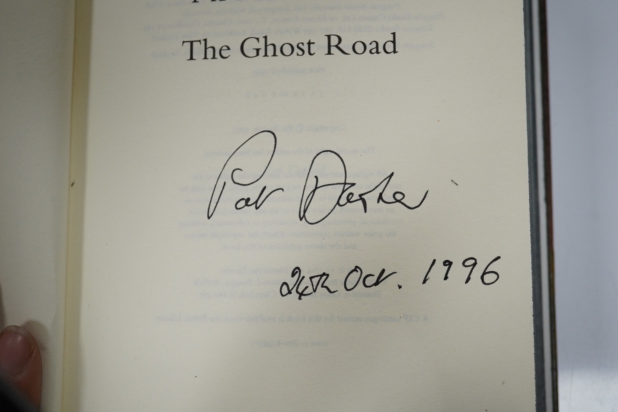 Fine binding - Barker, Pat - The Ghost Road, signed by the author, dated 24th Oct. 1996, in a fine binding by Angela James, including the front cover inlaid with bone, shell and fossil found on Saltburn Beach. Viking, 19